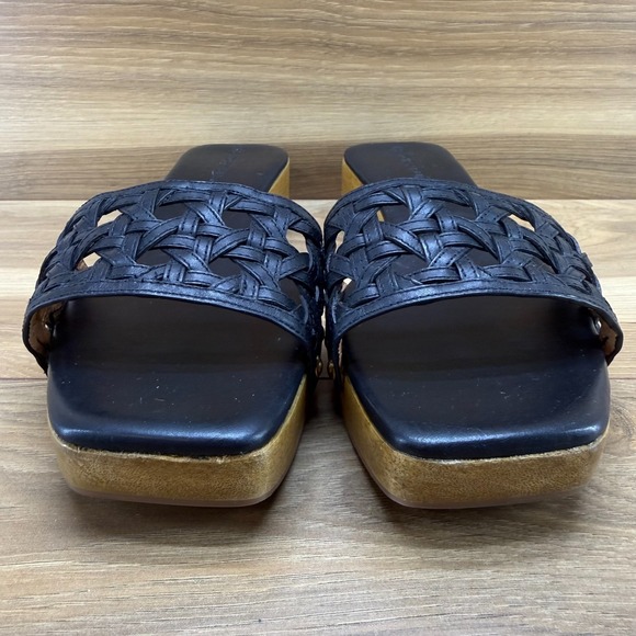 Tory Burch Basketweave Wooden Slides Womens 10.5 M Black Leather Slip On Clog - Picture 4 of 11